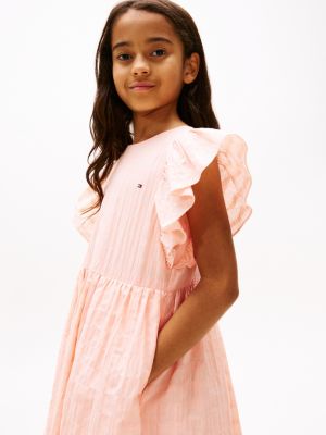 vestido texturizado de corte evasé rosa de niñas tommy hilfiger