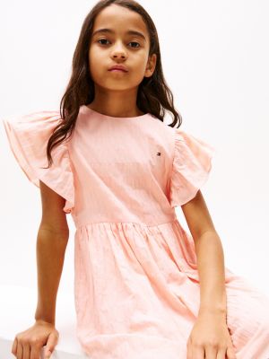 pink textured fit and flare dress for girls tommy hilfiger