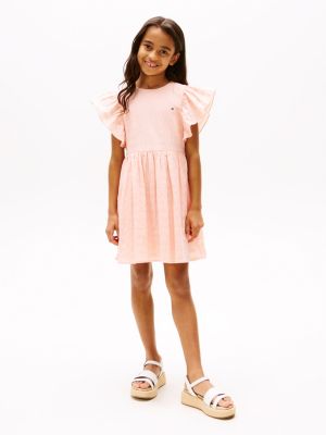 pink textured fit and flare dress for girls tommy hilfiger