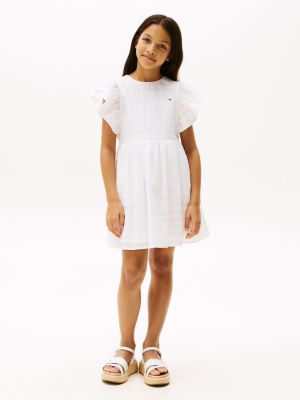 white getextureerde fit and flare-jurk voor meisjes - tommy hilfiger