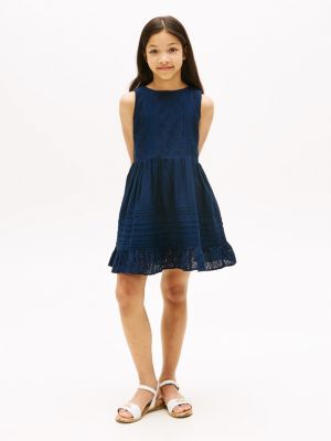 blue broderie anglaise fit and flare dress for girls tommy hilfiger