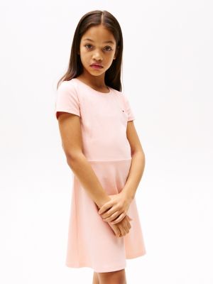 pink round neck skater dress for girls tommy hilfiger