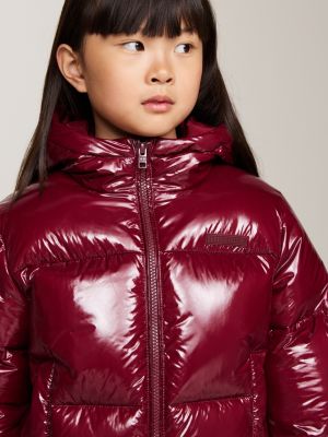 red glossy relaxed puffer jacket for girls tommy hilfiger