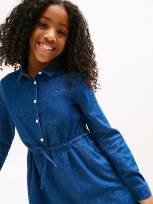 robe chemise en denim à cordon de serrage bleu pour filles tommy hilfiger