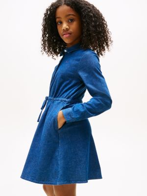 robe chemise en denim à cordon de serrage bleu pour filles tommy hilfiger