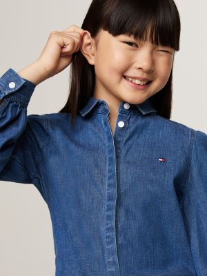 blue puff sleeve regular denim shirt for girls tommy hilfiger