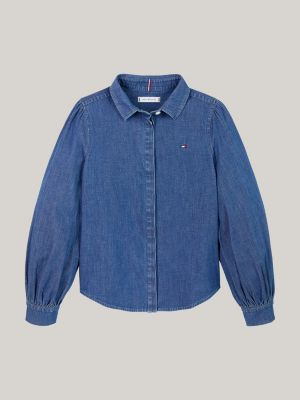 blue puff sleeve regular denim shirt for girls tommy hilfiger