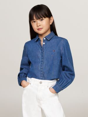 chemise en denim à manches bouffantes bleu pour filles tommy hilfiger