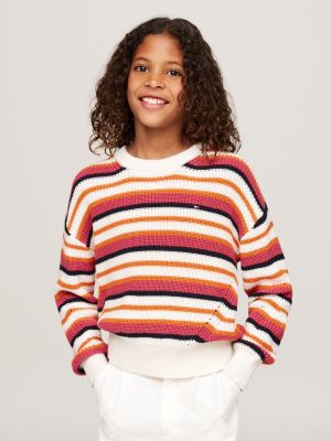 pull décontracté rayé à col ras-du-cou rouge pour filles tommy hilfiger