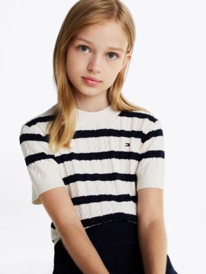 multi kurzarm-pullover mit mini-zopfmuster für mädchen - tommy hilfiger