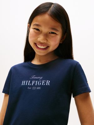 t-shirt à col ras-du-cou et logo pailleté bleu pour filles tommy hilfiger