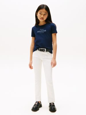 blauw t-shirt met ronde hals en glitterlogo voor meisjes - tommy hilfiger