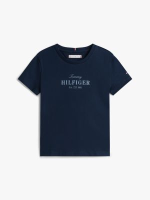 blau rundhals-t-shirt mit glitzer-logo für mädchen - tommy hilfiger