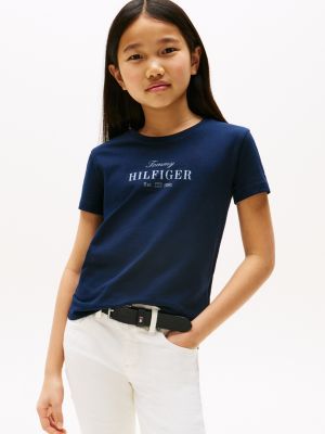 t-shirt à col ras-du-cou et logo pailleté bleu pour filles tommy hilfiger