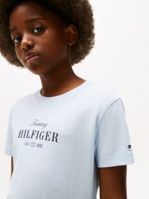 t-shirt à col ras-du-cou et logo pailleté bleu pour filles tommy hilfiger