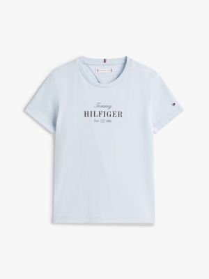 t-shirt à col ras-du-cou et logo pailleté bleu pour filles tommy hilfiger