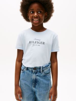 blue t-shirt met ronde hals en glitterlogo voor meisjes - tommy hilfiger