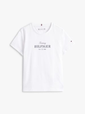 t-shirt à col ras-du-cou et logo pailleté blanc pour filles tommy hilfiger