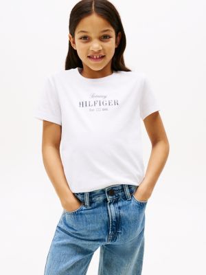 t-shirt à col ras-du-cou et logo pailleté blanc pour filles tommy hilfiger