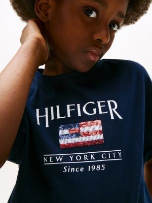 t-shirt décontracté à drapeau en sequins bleu pour filles tommy hilfiger