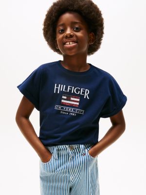 t-shirt décontracté à drapeau en sequins bleu pour filles tommy hilfiger