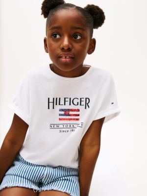 biały t-shirt o luźnym kroju z cekinową flagą dla dziewczynki - tommy hilfiger