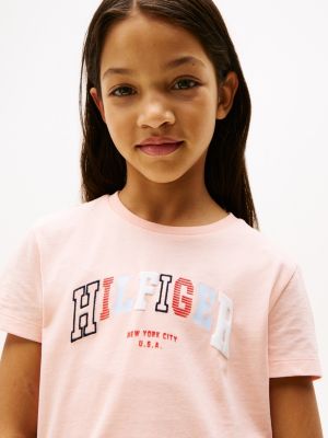 pink varsity crew neck t-shirt for girls tommy hilfiger