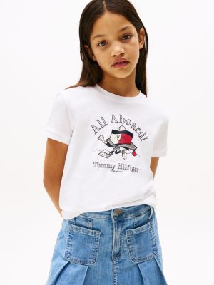 wit t-shirt met vlag en geborduurd figuurtje voor meisjes - tommy hilfiger