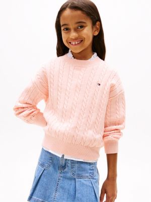 pullover relaxed fit in maglia intrecciata pink da bambine tommy hilfiger