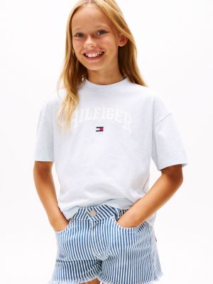 blue varsity t-shirt mit logo im melange-look für mädchen - tommy hilfiger