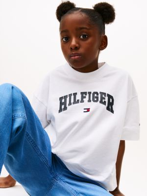 wit mélange t-shirt met varsity-logo voor meisjes - tommy hilfiger