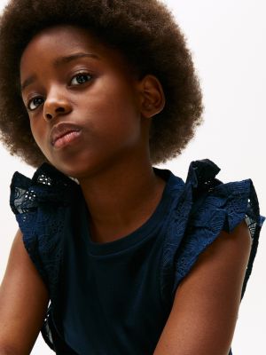 blue broderie anglaise sleeve slim top for girls tommy hilfiger