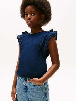 blue broderie anglaise sleeve slim top for girls tommy hilfiger