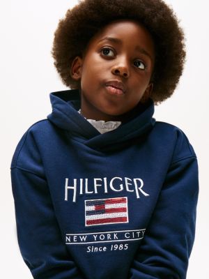 blauw relaxed fit hoodie met hilfiger-paillettenvlag voor meisjes - tommy hilfiger