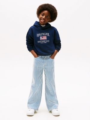 blauw relaxed fit hoodie met hilfiger-paillettenvlag voor meisjes - tommy hilfiger