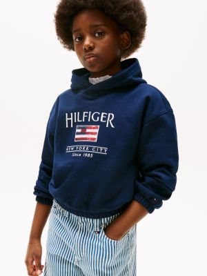 blauw relaxed fit hoodie met hilfiger-paillettenvlag voor meisjes - tommy hilfiger