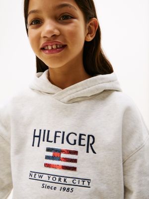 wit relaxed fit hoodie met hilfiger-paillettenvlag voor meisjes - tommy hilfiger