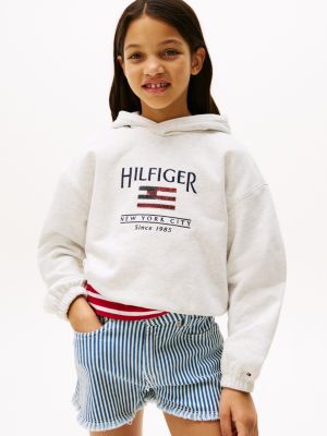 wit relaxed fit hoodie met hilfiger-paillettenvlag voor meisjes - tommy hilfiger