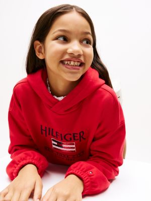 czerwony bluza z kapturem hilfiger z cekinową flagą dla dziewczynki - tommy hilfiger