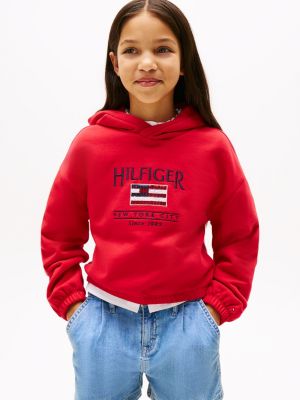 red relaxed fit hoodie met hilfiger-paillettenvlag voor meisjes - tommy hilfiger