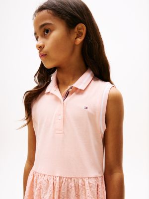 vestido tipo polo con diseño calado rosa de niñas tommy hilfiger