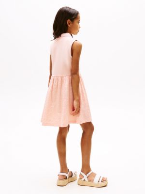 vestido tipo polo con diseño calado rosa de niñas tommy hilfiger