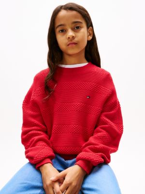 pull texturé à col ras-du-cou rouge pour filles tommy hilfiger