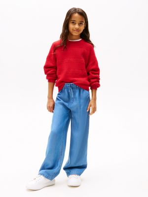 red textured crew neck jumper for girls tommy hilfiger