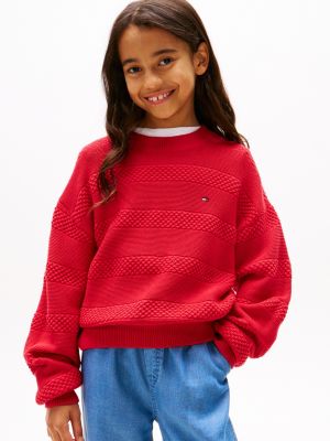 pull texturé à col ras-du-cou rouge pour filles tommy hilfiger