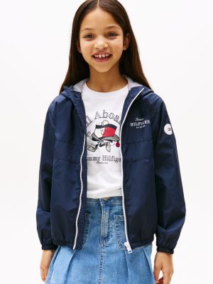 blue windbreaker met capuchon en logo voor meisjes - tommy hilfiger