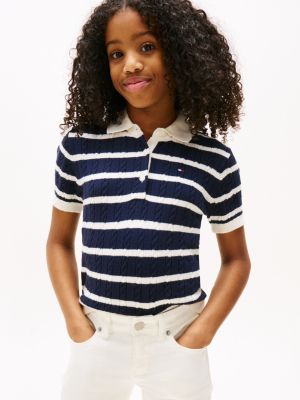 multi cable knit short sleeve polo jumper for girls tommy hilfiger