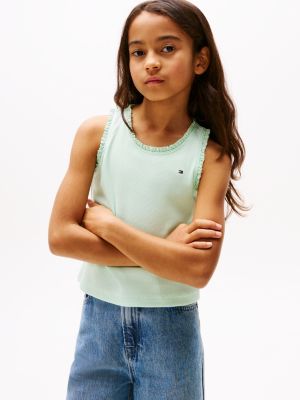 canotta a coste con finiture tramate verde da bambine tommy hilfiger