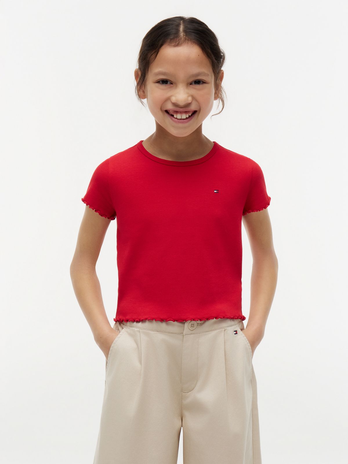 Essential Ruffle Ribbed Extra Slim Top — Red
