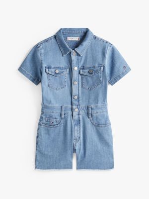 blue adaptive jeans-playsuit mit flag-stickerei für mädchen - tommy hilfiger